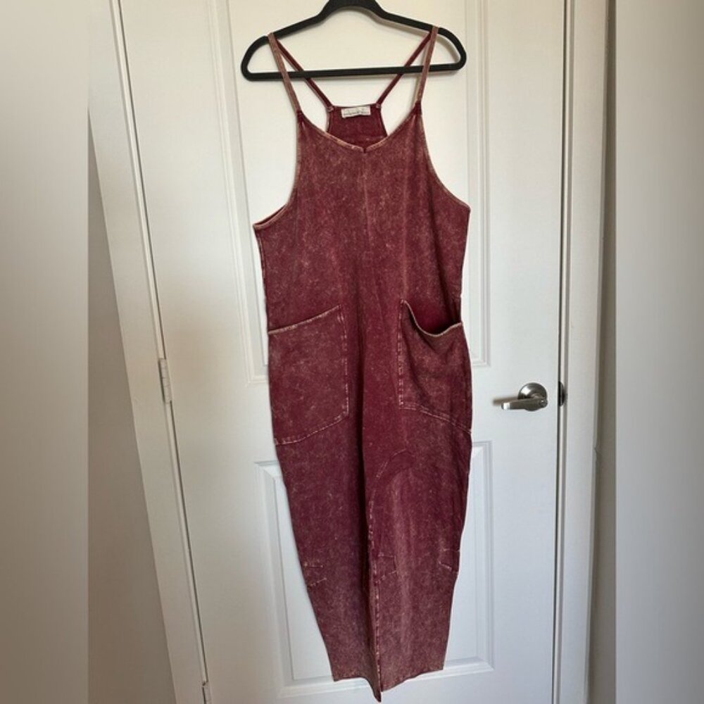 NEW ZENANA Burgundy Acid Wash Onesie Jumpsuit - Picture 3 of 8
